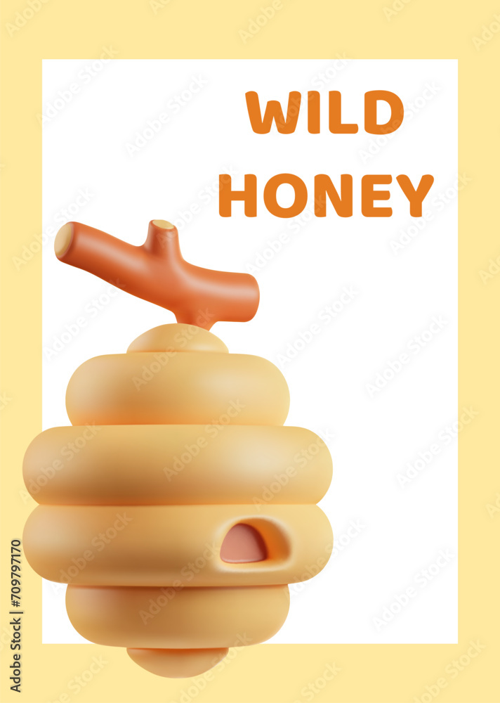 Hive on a tree branch, design card, cute volume 3d vector illustration