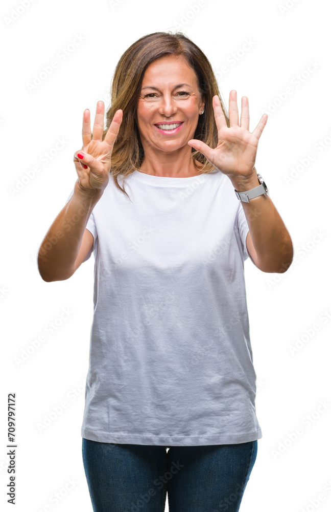 Middle age senior hispanic woman over isolated background showing and pointing up with fingers number eight while smiling confident and happy. Middle age senior hispanic woman over isolated background showing and pointing up with fingers number eight while smiling confident and happy.
