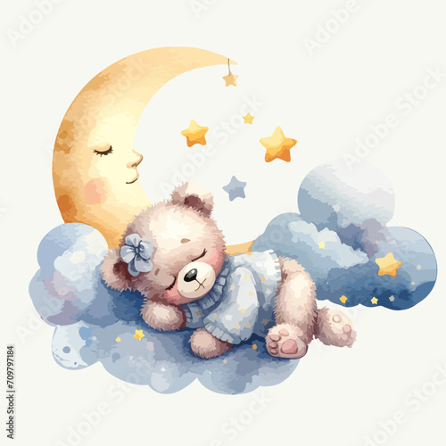 Cute baby teddy bear sleeping on the cloud around moon and stars.