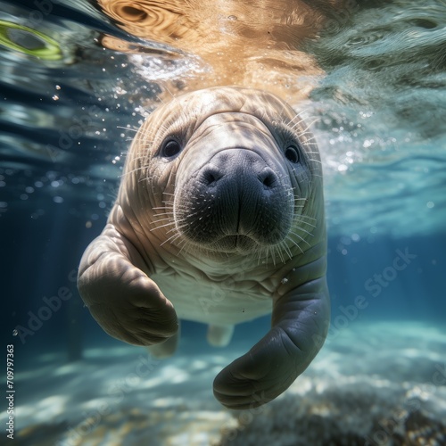 Photo of a baby manatee calf gliding gracefully underwater. Generative AI