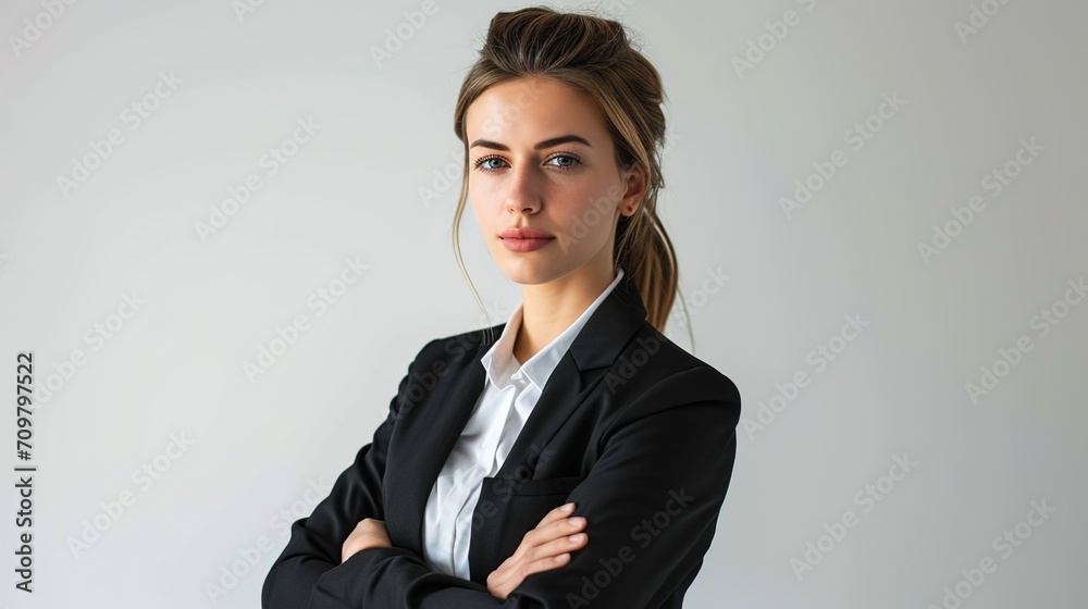 arms crossed, isolated on a white backdrop, is a young businesswoman employee. arms crossed, isolated on a white backdrop, is a young businesswoman employee.