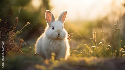 Serene dawn, fluffy white rabbit amidst golden light