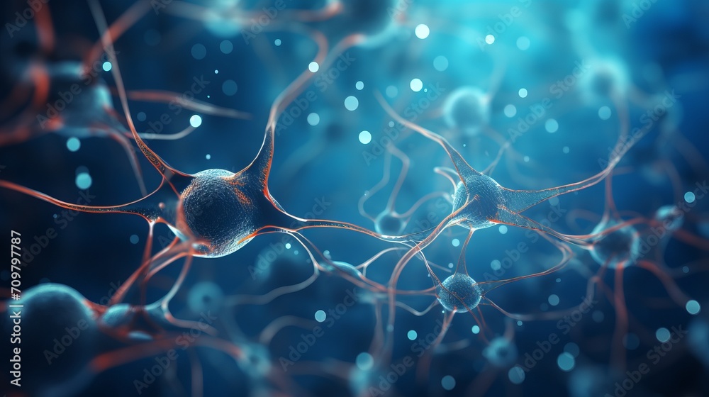 Nerve cells in a medical background   scientific illustration of neurons and neural network - obrazy, fototapety, plakaty 