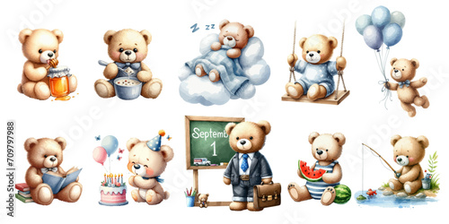 Set of Watercolor cute baby boy bear.