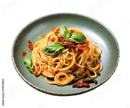 Delicious classic Italian spaghetti pasta with tomato sauce, Parmesan cheese and basil, PNG file, isolated background.