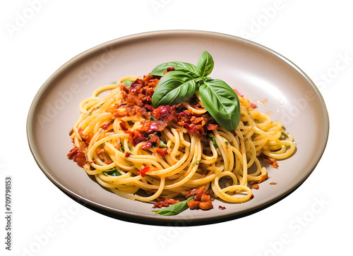 Delicious classic Italian spaghetti pasta with tomato sauce, Parmesan cheese and basil, PNG file, isolated background.