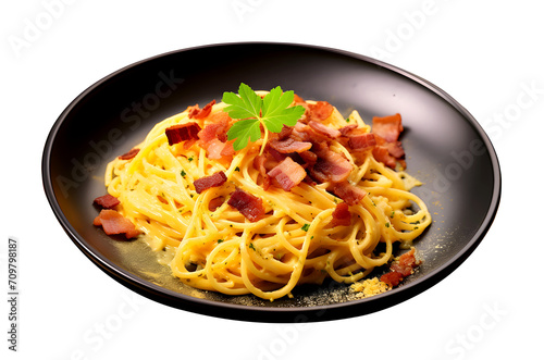 spaghetti pasta with carbonara sauce made of bacon, parmesan, PNG file, isolated background.