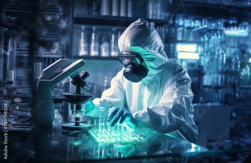 Mysterious doctor in a suit examines hazardous materials using a microscope in a professional office setting.