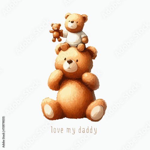 Cute childhood with father, happy dad bear with kid teddy on father shoulder, fathers day watercolor animal cartoon.