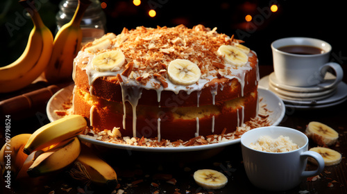 Banana cake with fresh bananas and cup of coffee on wooden table.