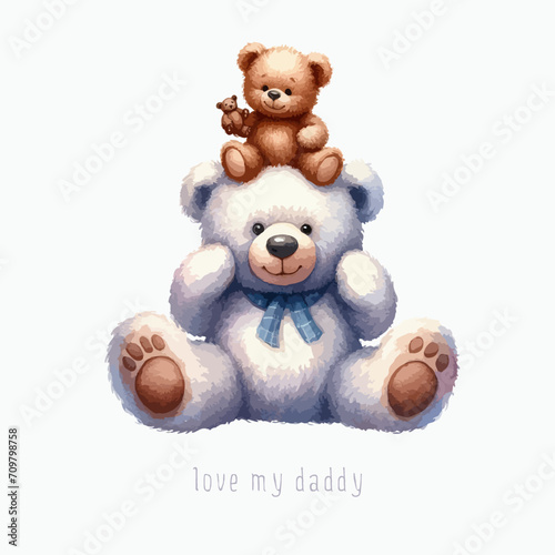 Cute childhood with father, happy dad bear with kid teddy on father shoulder, fathers day watercolor animal cartoon.