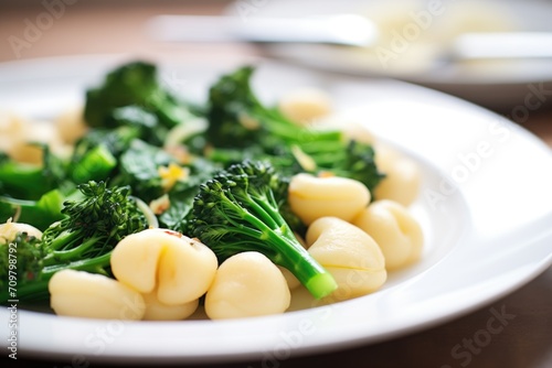 macro shot of orecchiette, broccoli rabe details on plate
