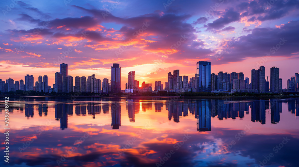Sunset behind a city skyline reflecting in a river creating a stunning urban landscape.