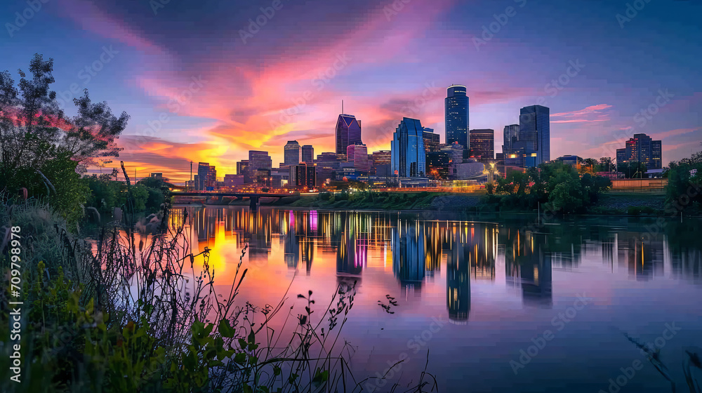 Sunset behind a city skyline reflecting in a river creating a stunning urban landscape.