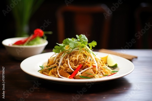 pad thai garnished with bean sprouts and coriander leaves