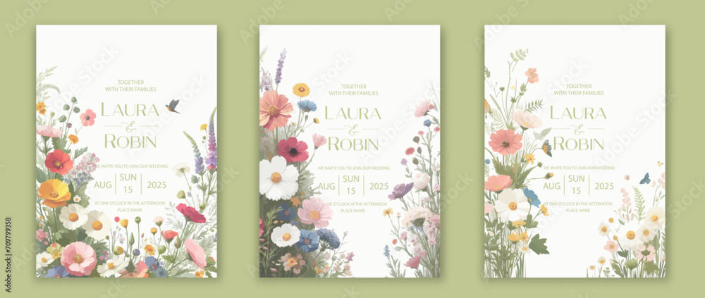 Wedding card template with wild herbs and flowers.