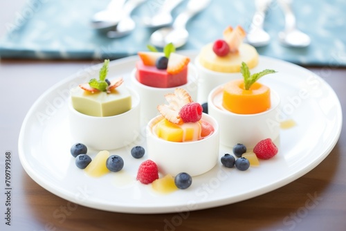 panna cotta trio on white plates, colorful fruit garnish
