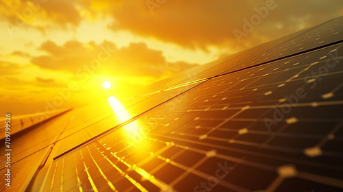 Illustration of a black futuristic field of sola panelsr, bright yellow-orange futuristic background with the sun.