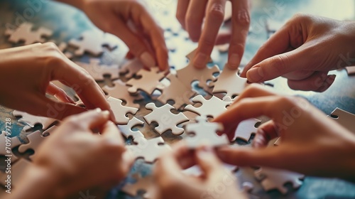 businesspeople assembling the jigsaw puzzle, teamwork, business. 
