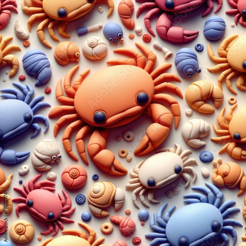 Colorful crabs and shells in a vibrant 3D underwater scene. 3D background with cartoon clay minimalist patterns of crabs and shells.. © leographics