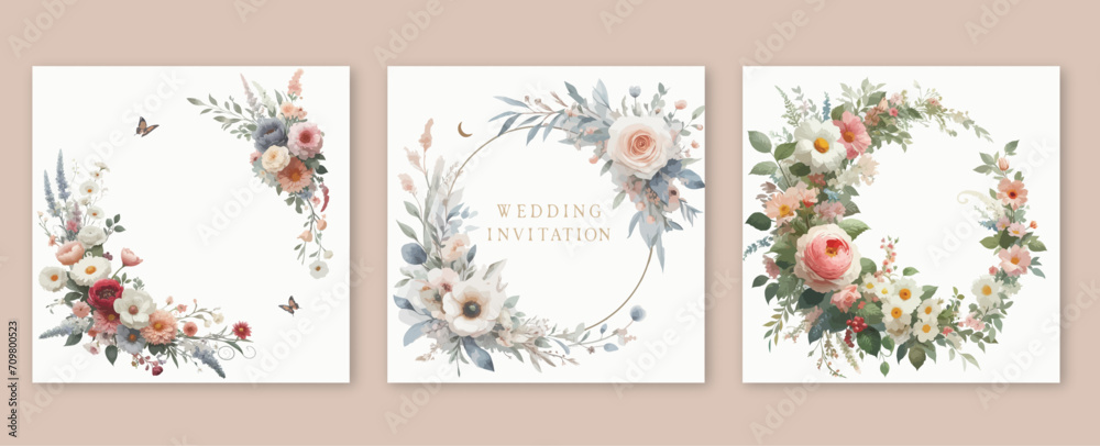 Wedding card template with elegant greenery botanical leaf, flowers and branch.