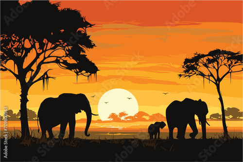 Elephant and Landscape Background, African Elephant silhouettes, Elephant in the sunset, Sunset African landscape background © Creative_Design