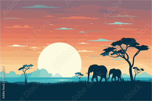 Elephant and Landscape Background, African Elephant silhouettes, Elephant in the sunset, Sunset African landscape background