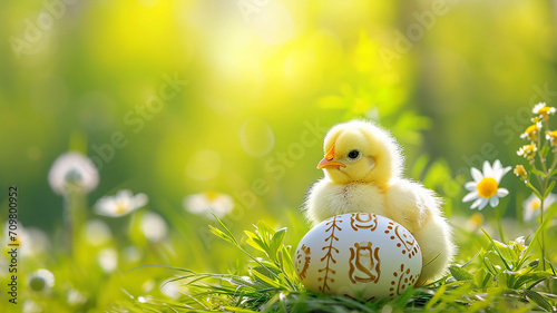 A small yellow chick in the half of an Easter egg on the green grass with spring flowers