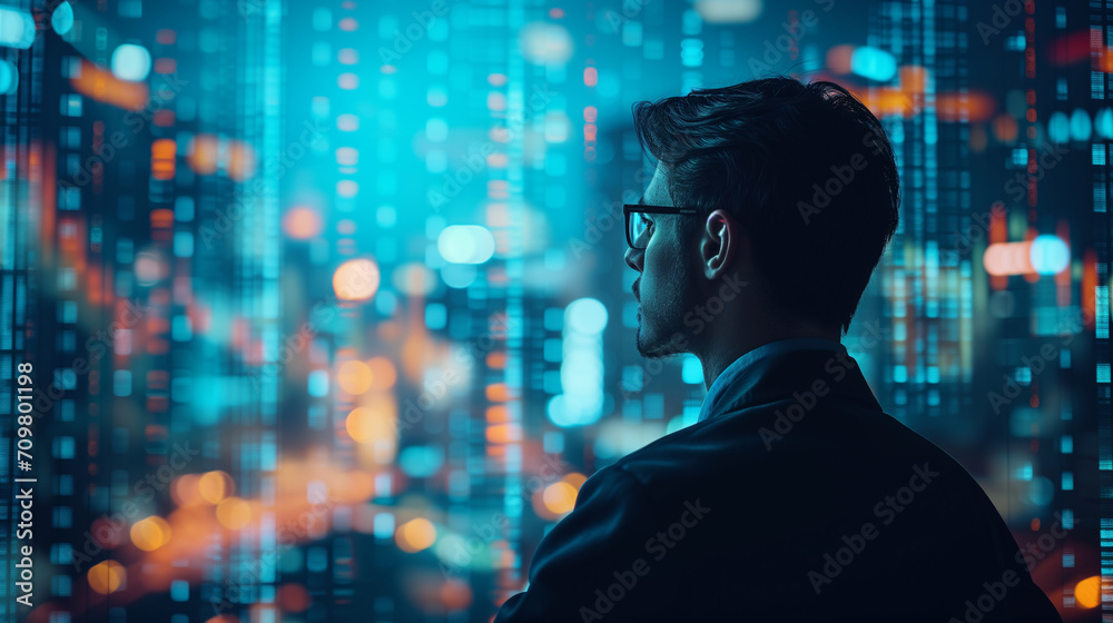 Fototapeta premium Explore the stock market trends with analytical visuals of businessman planning long term investments and future business growth, Navigate towards success with smart strategies.