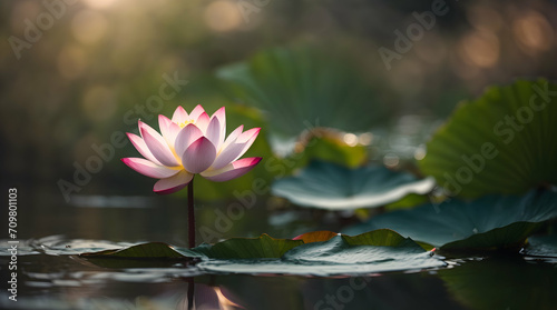 Pink water lilies in bloom, surrounded by lush green leaves, creating a beautiful scene in a serene pond