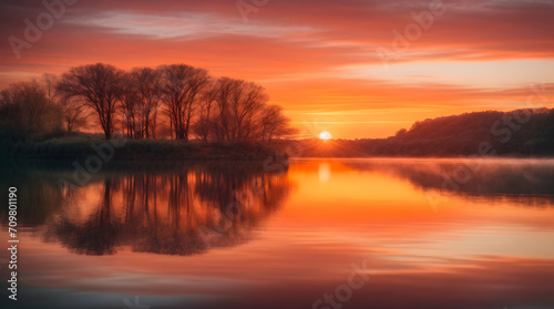 Sunset and Sunrise Reflections on River in a Calm Forest Setting
