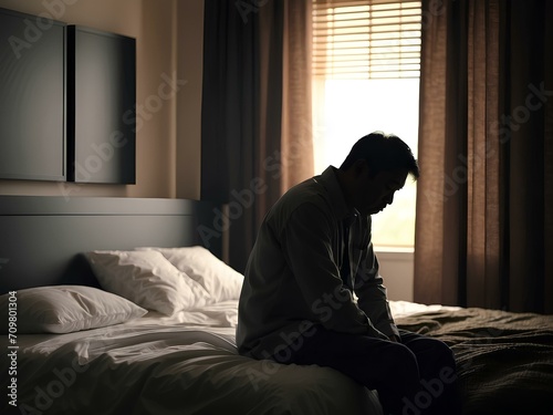 A silhouette of a man sits sadly on a bed in a bedroom, portraying an Asian individual experiencing depression, insomnia, and solitude. This image encapsulates the concept of mental health struggles