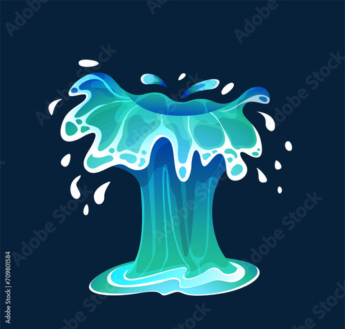 Fountain jet splash color vector icon on dark background. Powerful water geyser burst. Splashing aqua sprays cartoon illustration for design