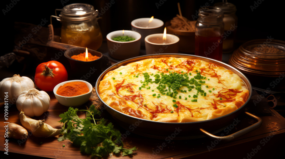 Omelet with cheese and herbs in a frying pan on a wooden table. Omelet with cheese and herbs in a frying pan on a wooden table.
