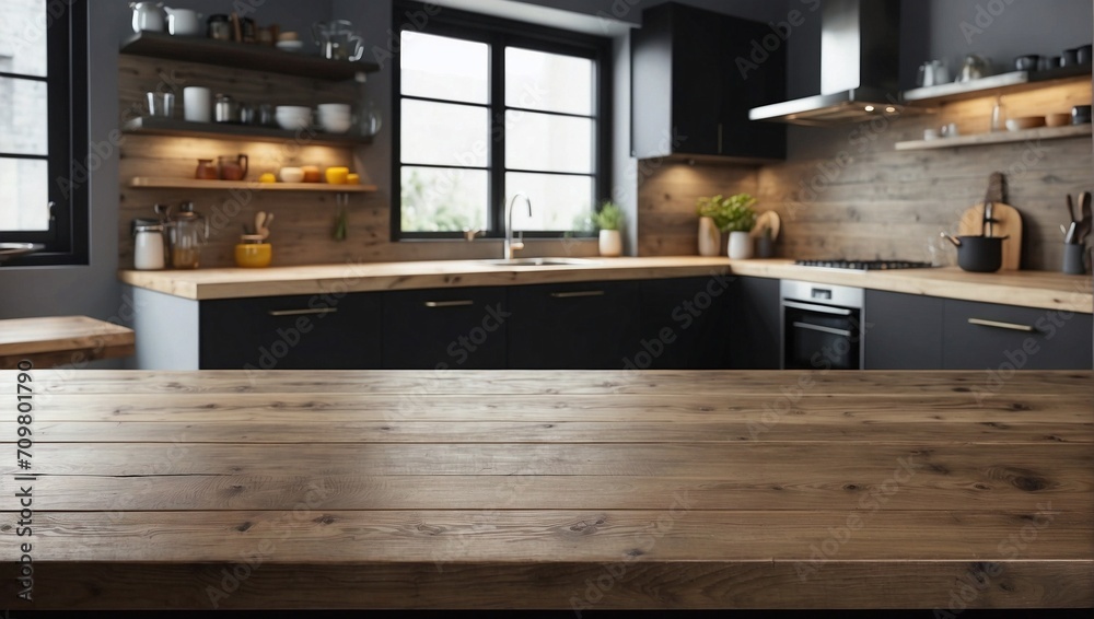 Empty Wooden Table Background Blurred Kitchen, Wooden Table, Modern Design Empty Wooden Table Background Blurred Kitchen, Wooden Table, Modern Design