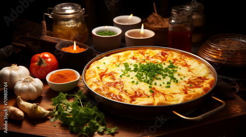 Omelet with cheese and herbs in a frying pan on a wooden table.