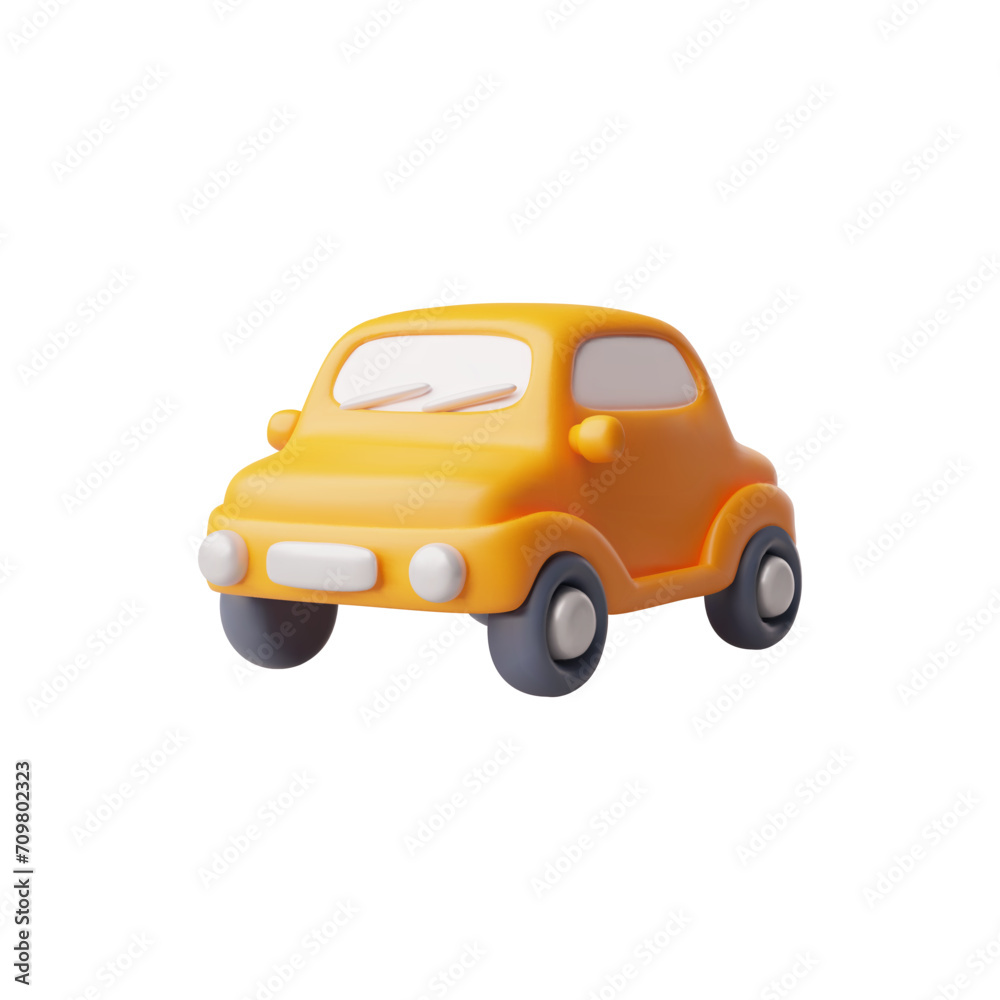 Orange car with windows and headlights realistic 3d vector cartoon automobile plastic vehicle toy, repair transport icon