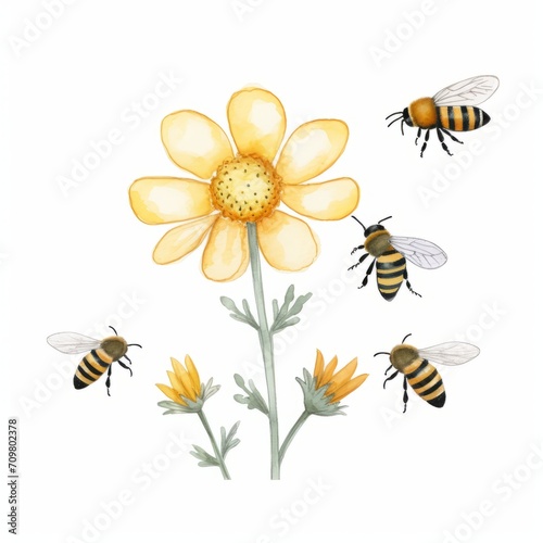 Aquarell eines Bienenschwarms die um eine blühende gelbe Blume fliegen Illustration