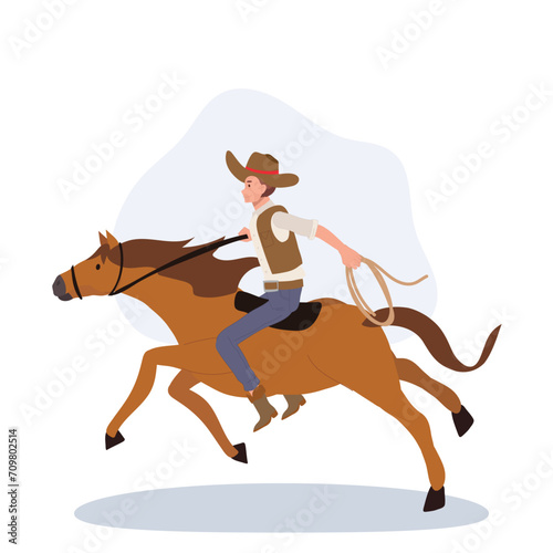 vintage western cowboy with Lasso Riding Horse. Flat vector cartoon character illustration.