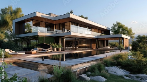 Modern house on hill, in forest with pond, water pool, garage, cozy wood terrace, in the style of white walls and glass, sunny afternoon, Bird's eye, full, view, agave espadin  © korisbo