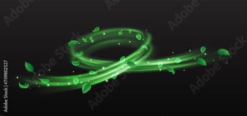 Green leaves and sparkles whirling flow of magic dust realistic vector illustration. Mystical nature power 3d element on black background