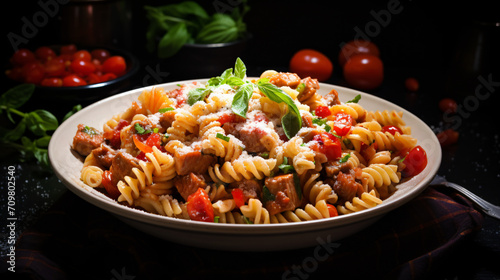  macaroni pasta with tomato sauce pork and vegetable