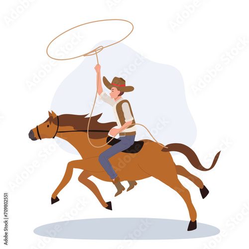 vintage western cowboy with Lasso Riding Horse. Flat vector cartoon character illustration.