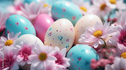 Festive Colorful easter eggs with pink flowers. Spring, Easter, and Passover holiday themes.
