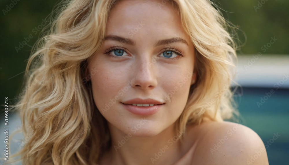 Young Blonde Woman with Freckles and Wavy Hair - Graceful Headshot with Smile and Elegant Makeup