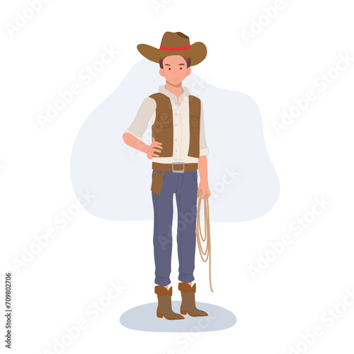 Full-length flat cartoon cowboy. vintage western character illustration