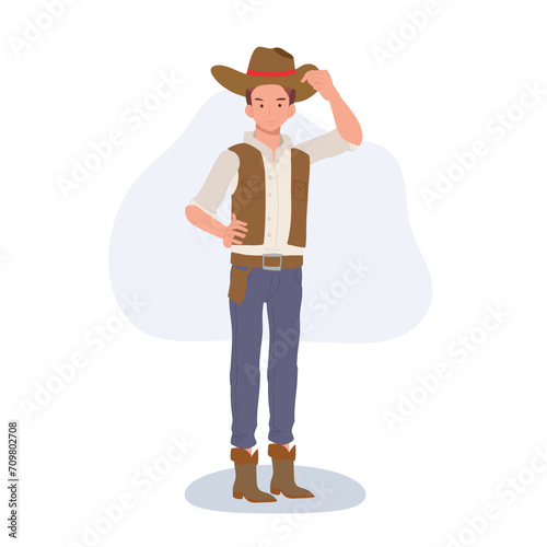 Full-length flat cartoon cowboy. vintage western character illustration