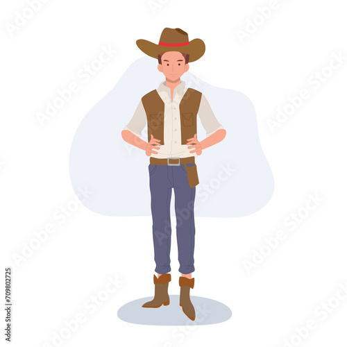 Full-length flat cartoon cowboy. vintage western character illustration