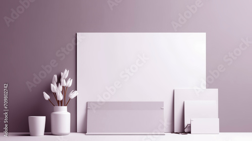 Image for presentation. Sheets of large Whatman paper for design on the wall. Identity  brand book  corporate style development. Geometric objects  glasses  delicate flowers. Pink tone  minimalism.