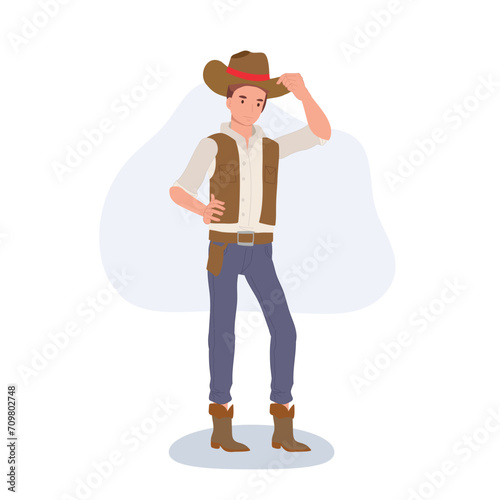 Full-length flat cartoon cowboy. vintage western character illustration